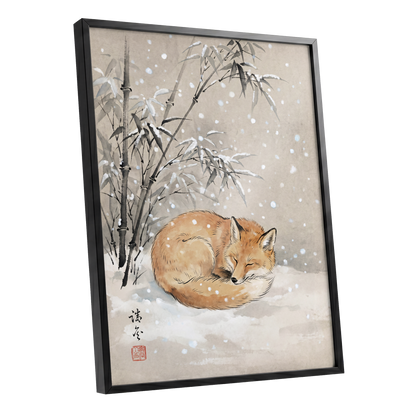 Fox in Falling Snow, beige, white, gray nature wall art shown as a black framed poster wall art print