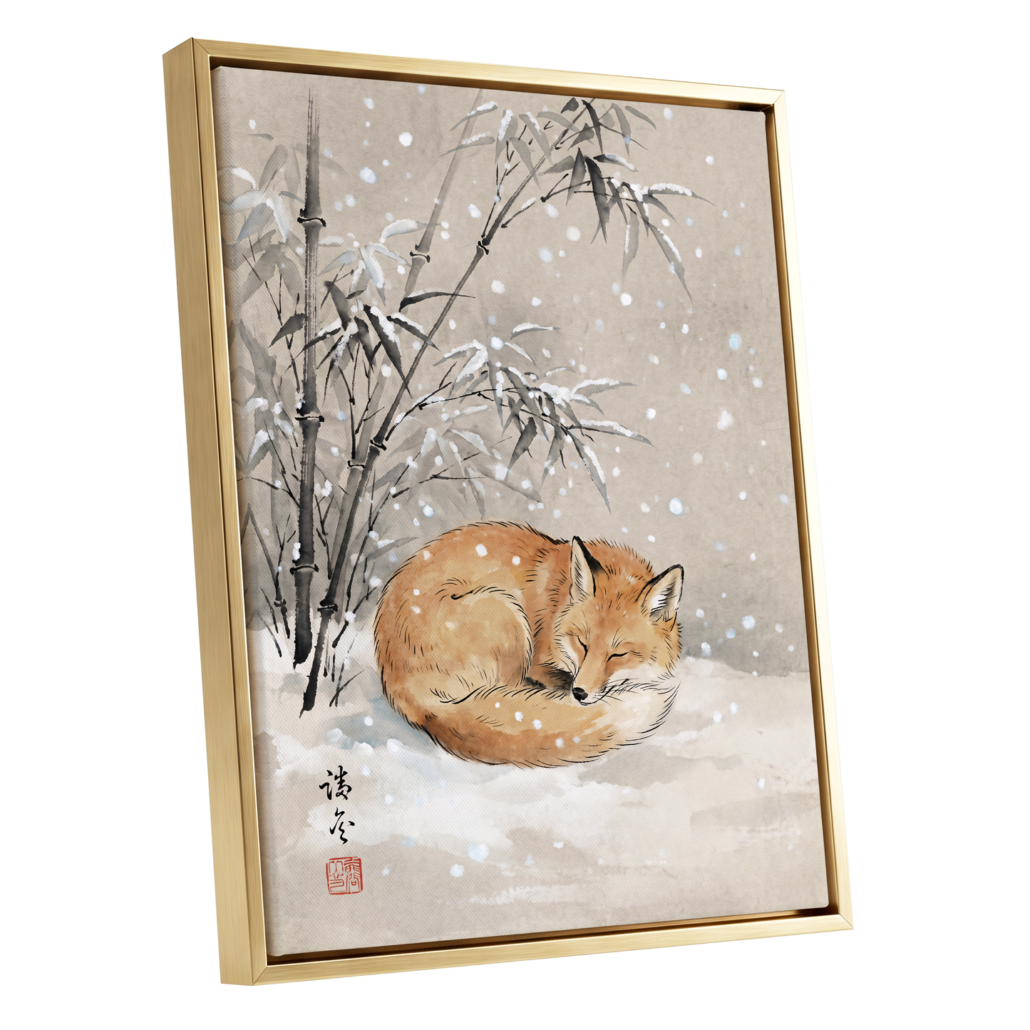 Fox in Falling Snow, beige, white, gray nature wall art shown as a gold framed canvas wall art