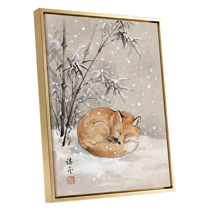 Fox in Falling Snow, beige, white, gray nature wall art shown as a gold framed canvas wall art