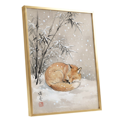 Fox in Falling Snow, beige, white, gray nature wall art shown as a gold framed poster wall art print