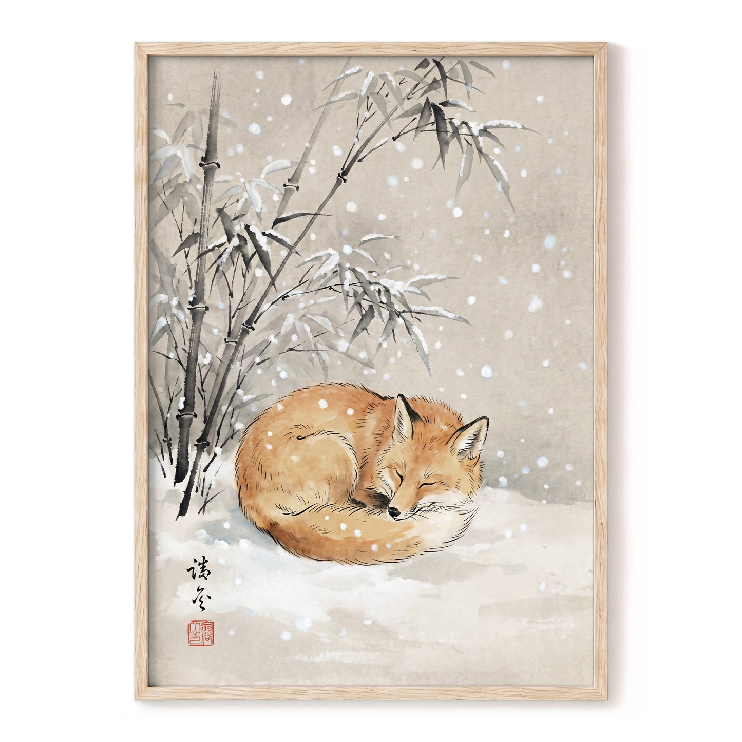 Fox in Falling Snow, beige, white, gray nature wall art, front artwork view