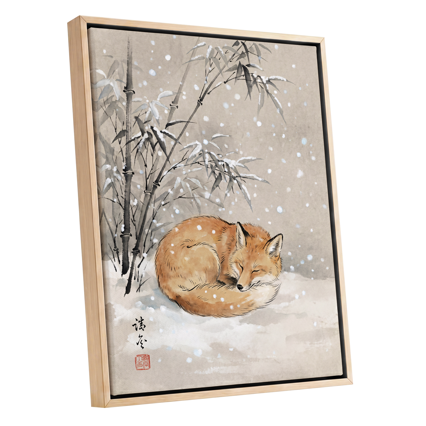 Fox in Falling Snow, beige, white, gray nature wall art shown as a oak framed canvas wall art