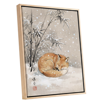 Fox in Falling Snow, beige, white, gray nature wall art shown as a oak framed canvas wall art