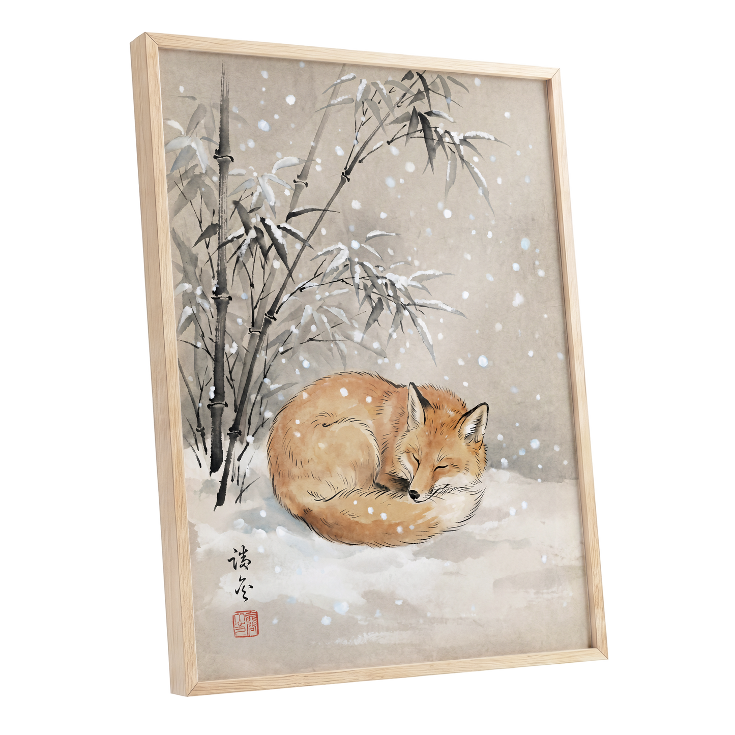Fox in Falling Snow, beige, white, gray nature wall art shown as a oak framed poster wall art print
