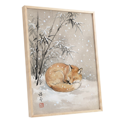 Fox in Falling Snow, beige, white, gray nature wall art shown as a oak framed poster wall art print