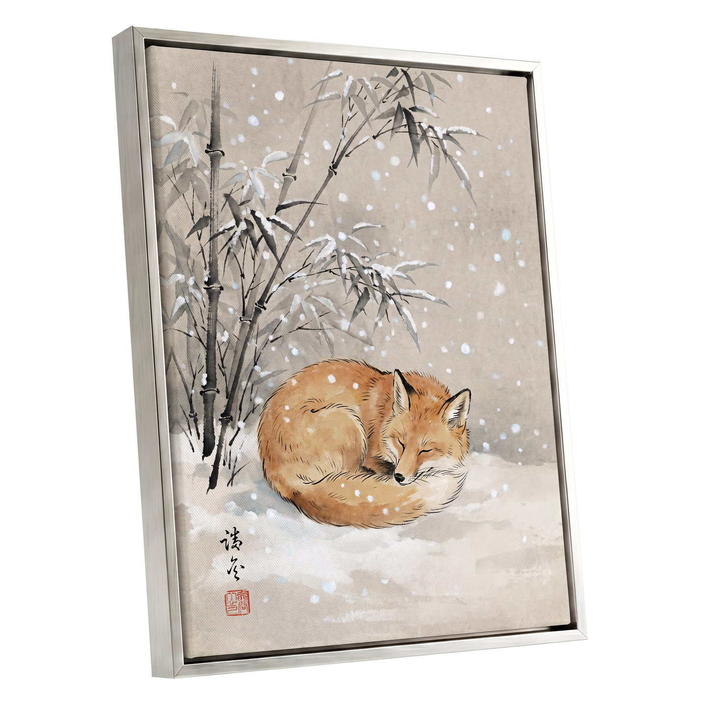 Fox in Falling Snow, beige, white, gray nature wall art shown as a silver framed canvas wall art