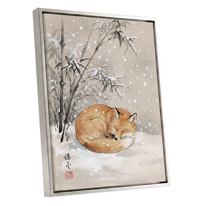 Fox in Falling Snow, beige, white, gray nature wall art shown as a silver framed canvas wall art