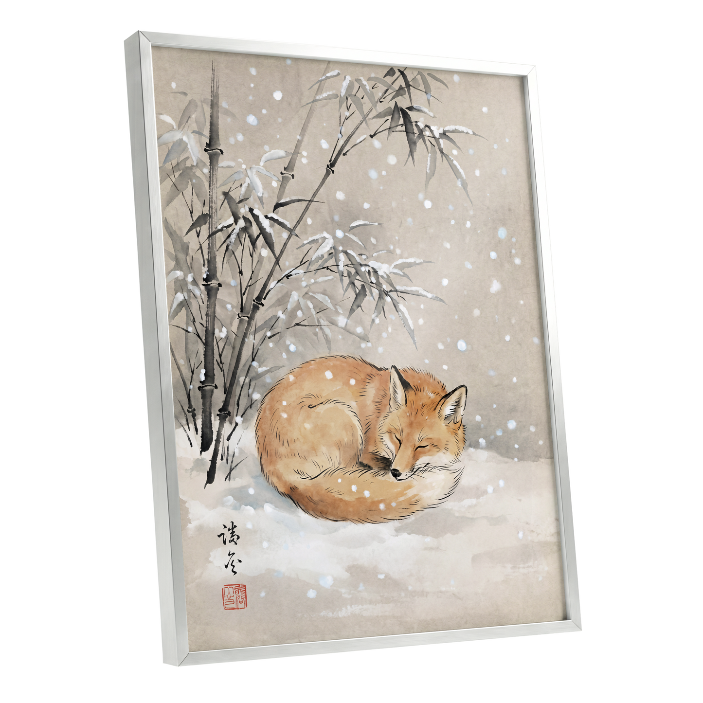 Fox in Falling Snow, beige, white, gray nature wall art shown as a silver framed poster wall art print