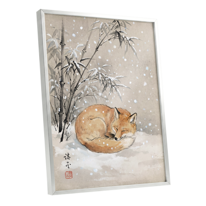 Fox in Falling Snow, beige, white, gray nature wall art shown as a silver framed poster wall art print