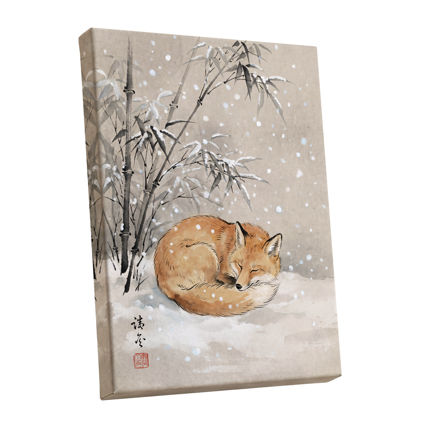 Fox in Falling Snow, beige, white, gray nature wall art shown as a stretched canvas wall art