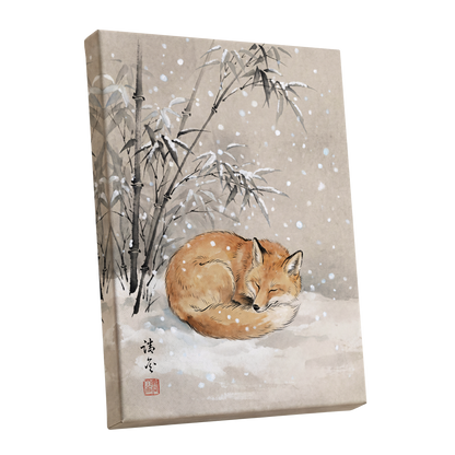 Fox in Falling Snow, beige, white, gray nature wall art shown as a stretched canvas wall art