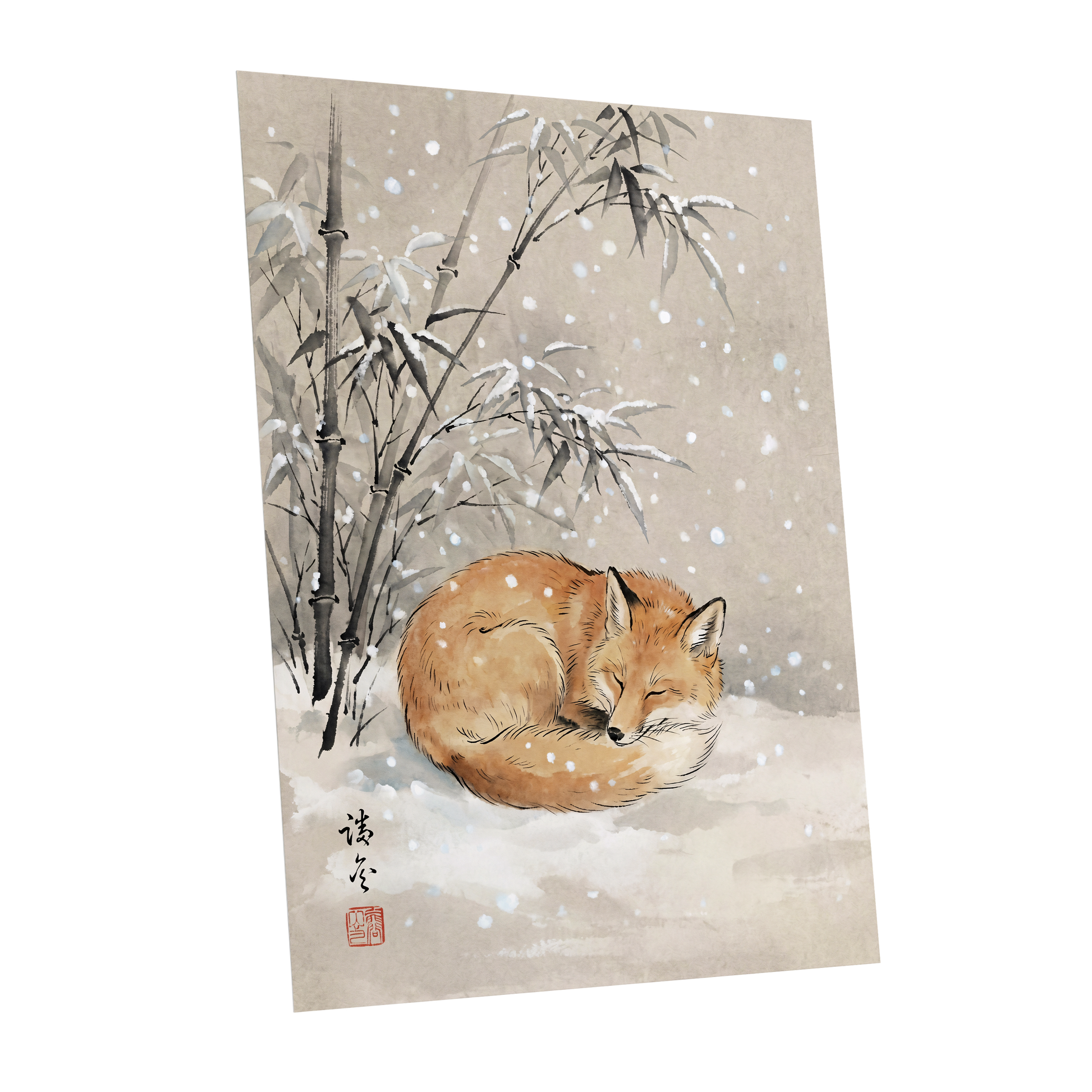 Fox in Falling Snow, beige, white, gray nature wall art shown as a unframed poster wall art print