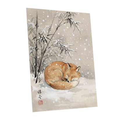 Fox in Falling Snow, beige, white, gray nature wall art shown as a unframed poster wall art print