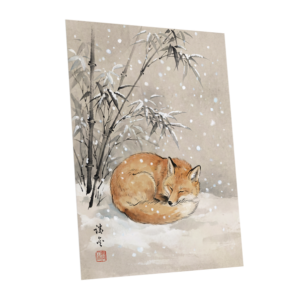 Fox in Falling Snow, beige, white, gray nature wall art shown as a unframed poster wall art print