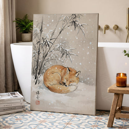 Fox in Falling Snow, beige, white, gray nature wall art displayed in a styled interior, gallery view 3