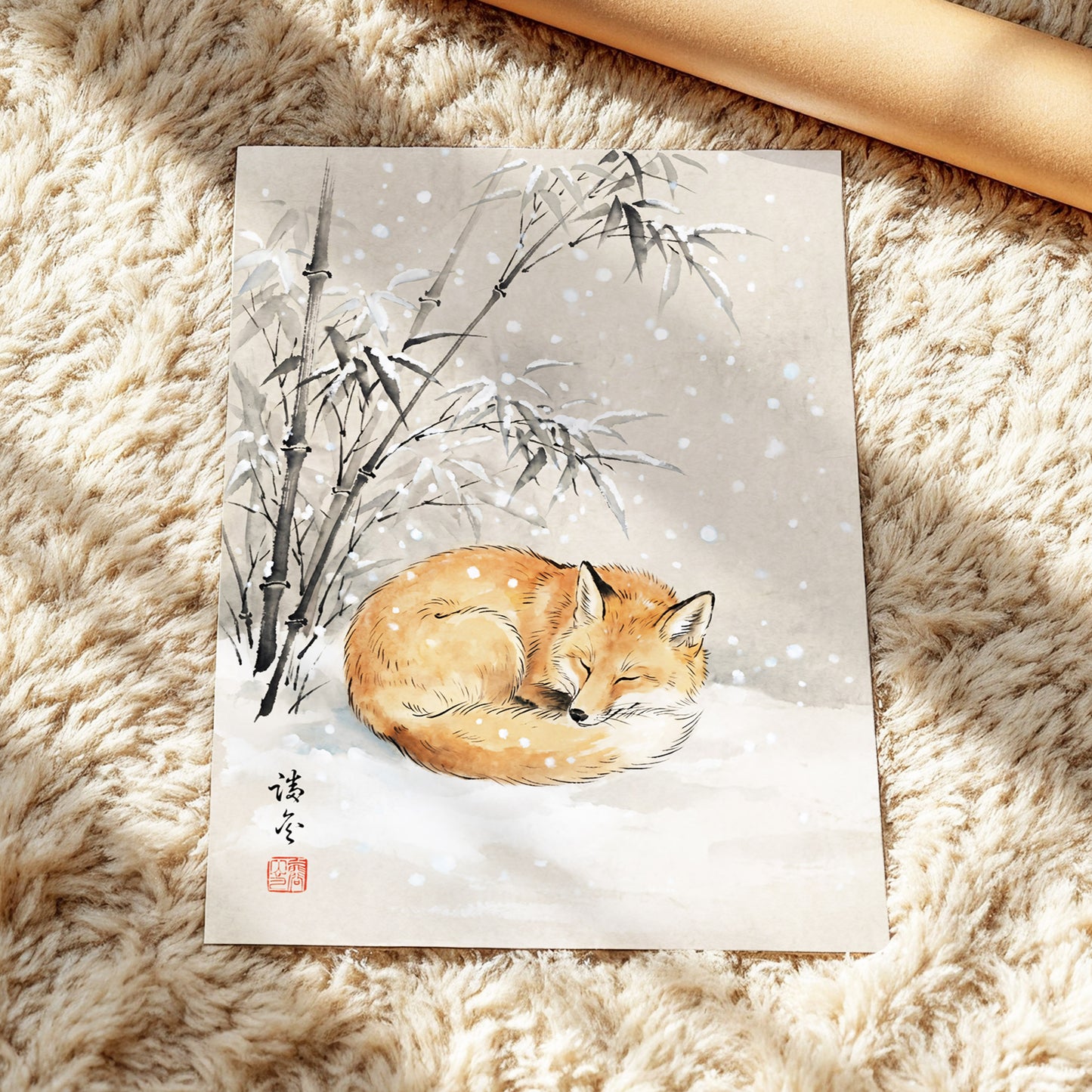 Fox in Falling Snow, beige, white, gray nature wall art displayed in a styled interior, gallery view 5