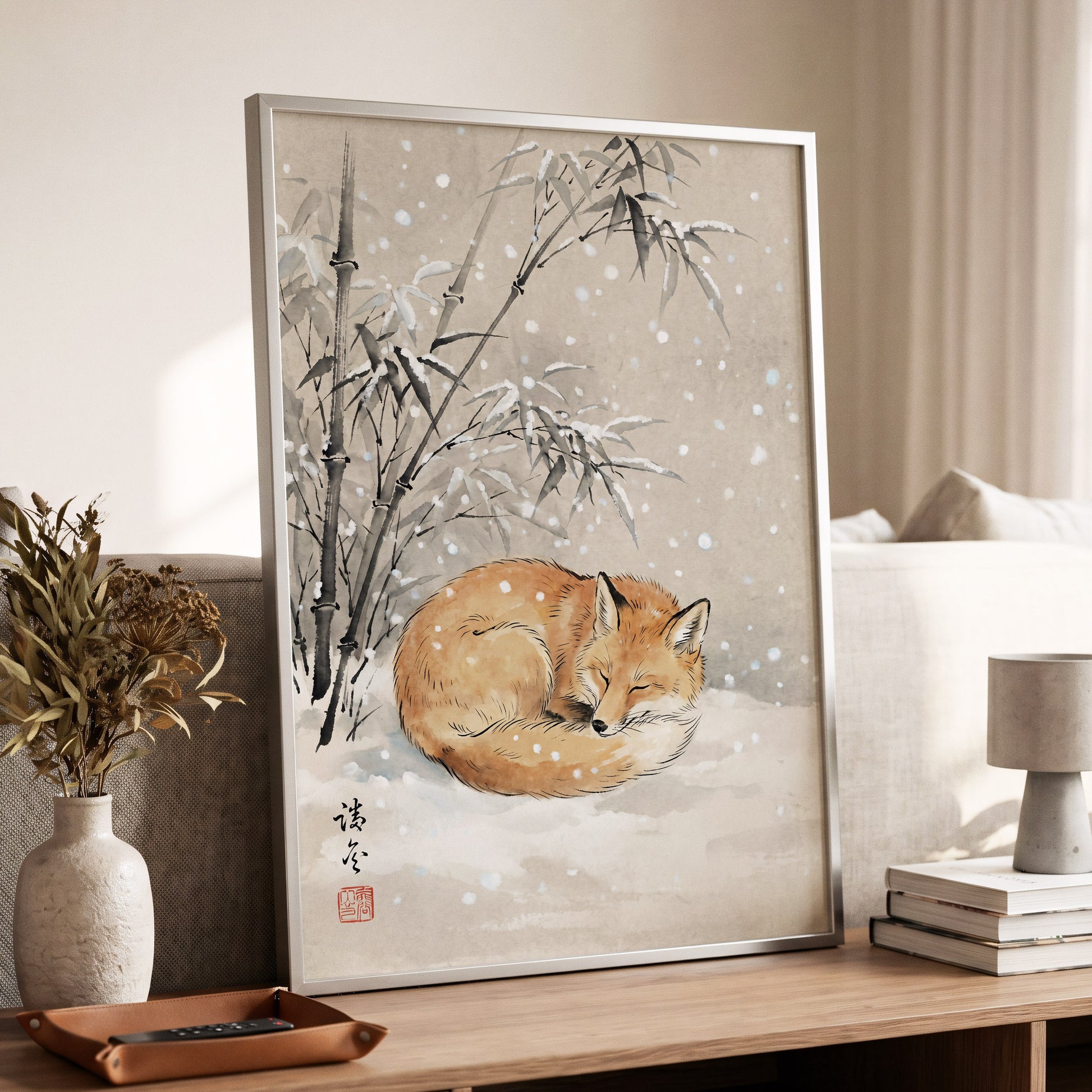 Fox in Falling Snow, beige, white, gray nature wall art displayed in a styled interior, gallery view 6