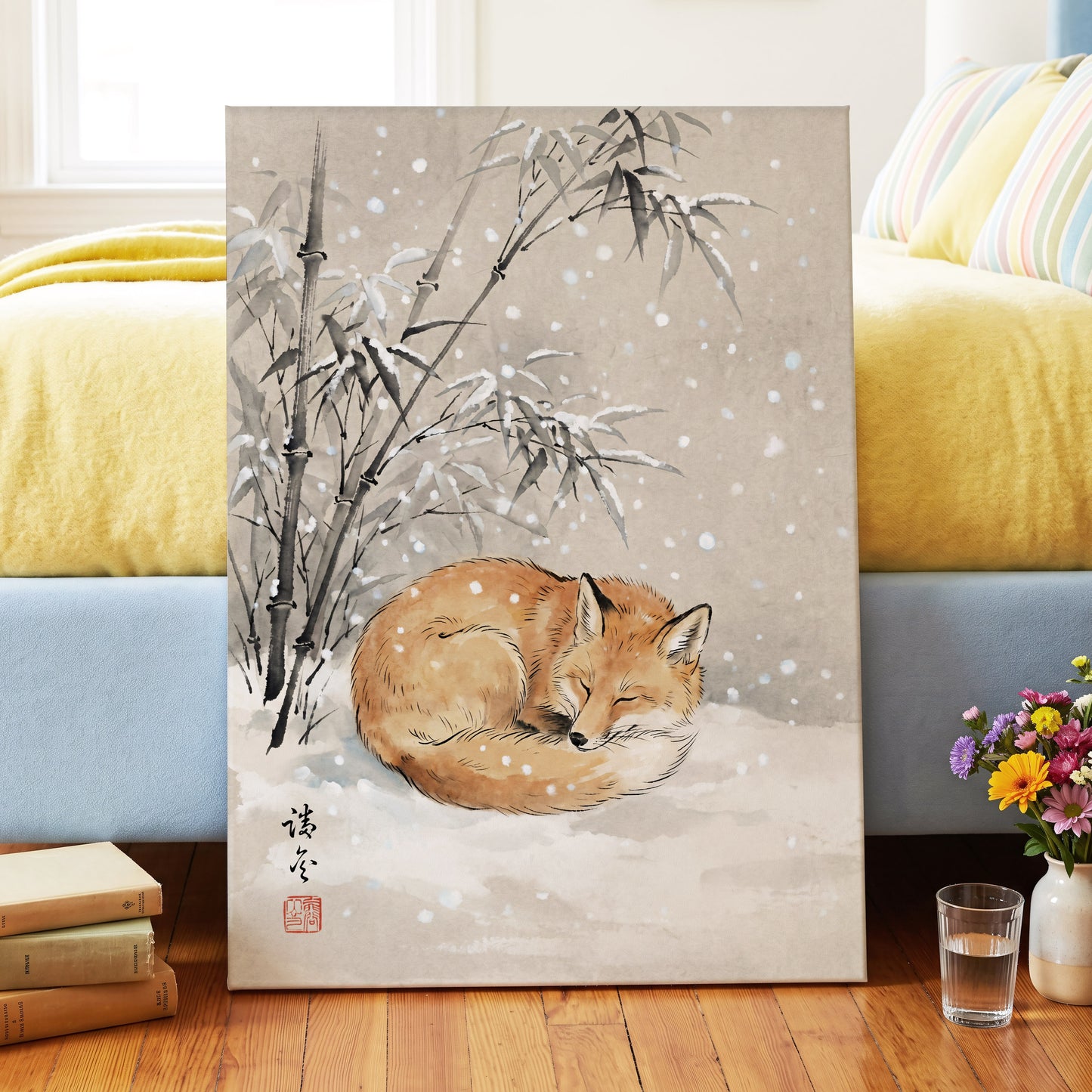 Fox in Falling Snow, beige, white, gray nature wall art displayed in a styled interior, gallery view 7