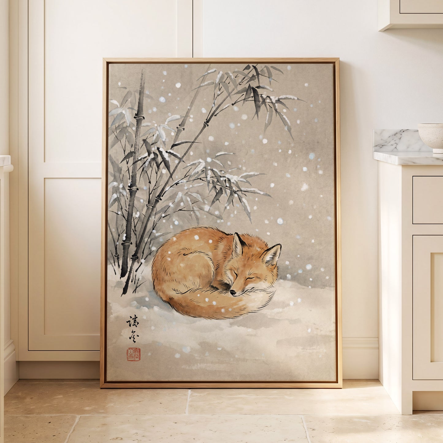 Fox in Falling Snow, beige, white, gray nature wall art displayed in a styled interior, gallery view 8