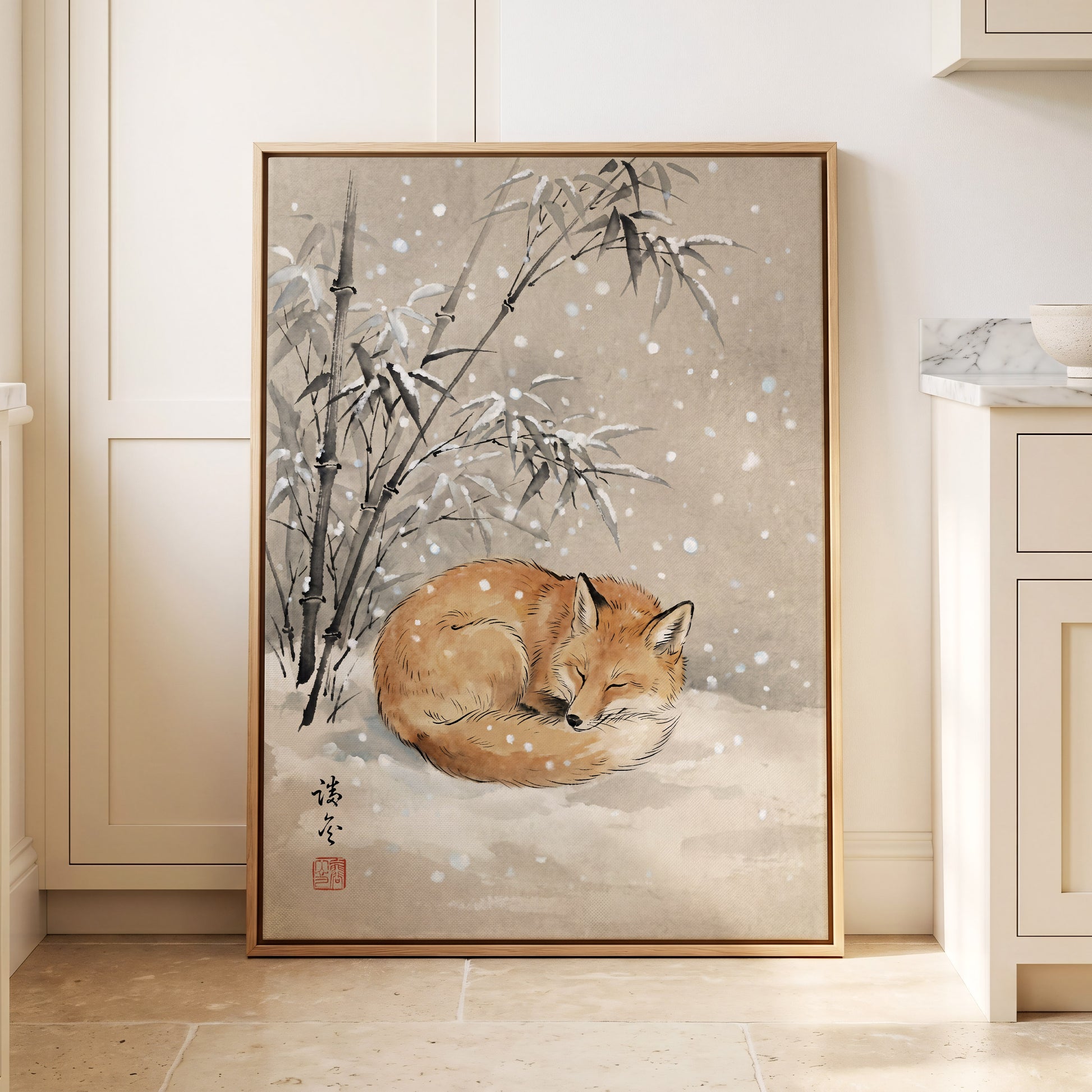 Fox in Falling Snow, beige, white, gray nature wall art displayed in a styled interior, gallery view 8