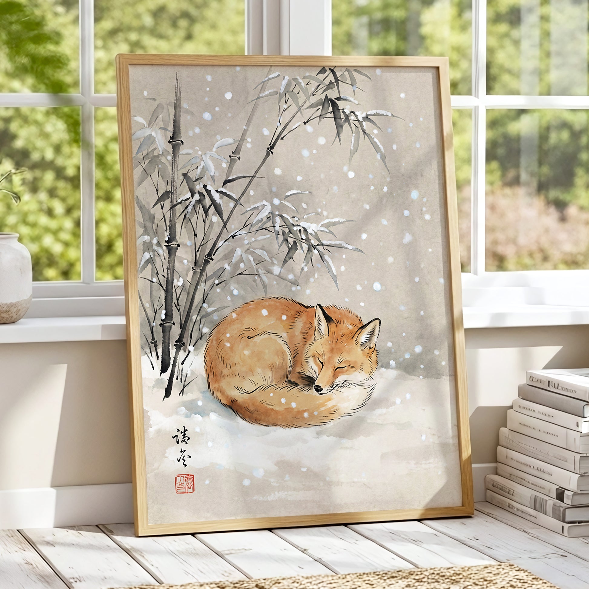 Fox in Falling Snow, beige, white, gray nature wall art displayed in a styled interior, gallery view 9