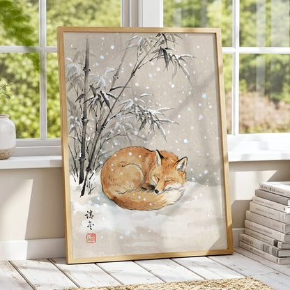 Fox in Falling Snow, beige, white, gray nature wall art displayed in a styled interior, gallery view 9