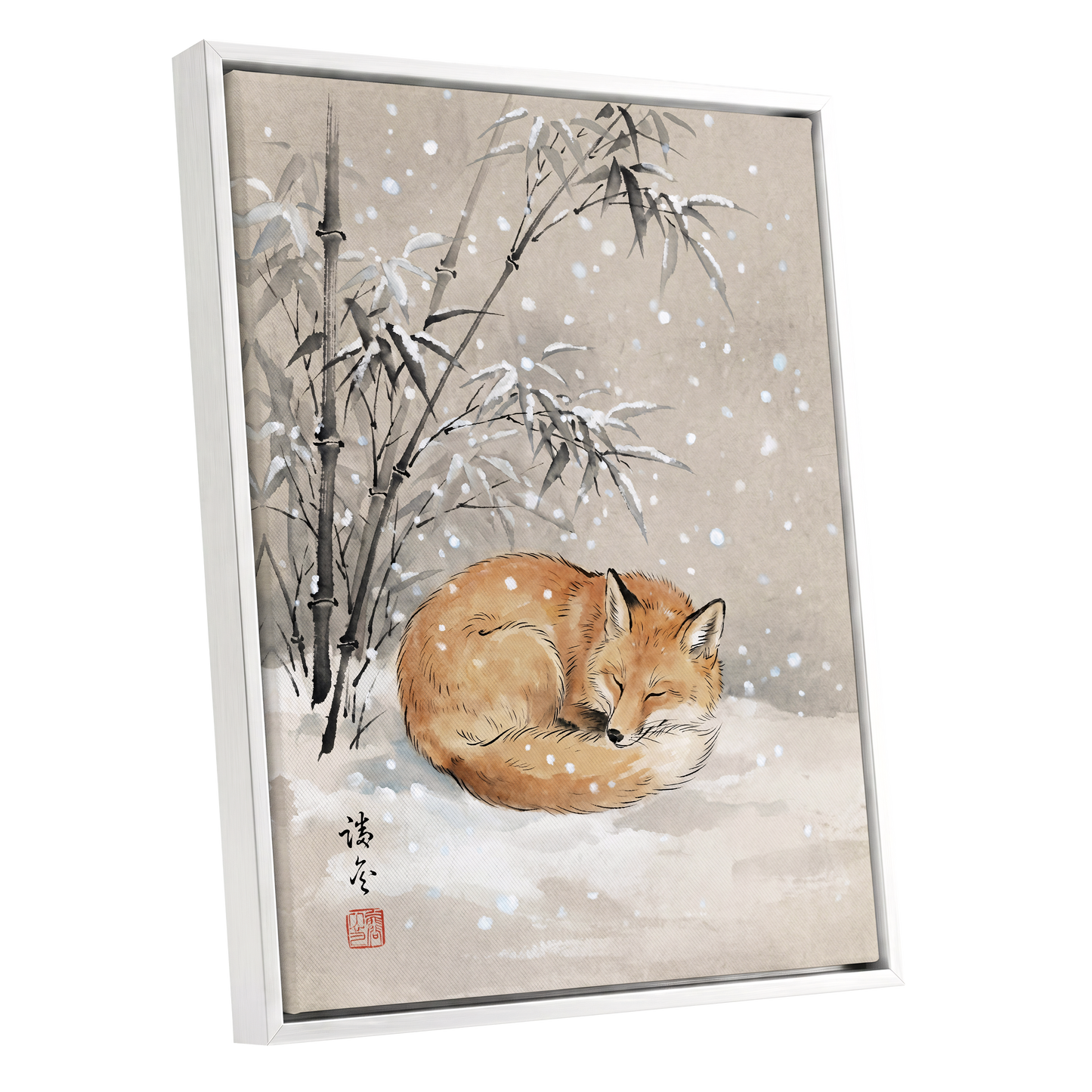 Fox in Falling Snow, beige, white, gray nature wall art shown as a white framed canvas wall art