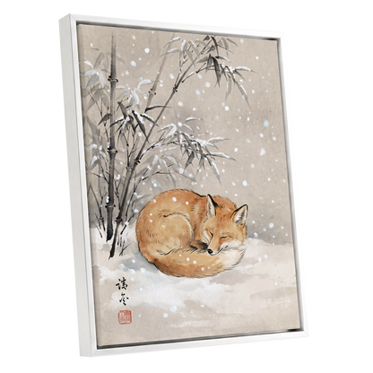 Fox in Falling Snow, beige, white, gray nature wall art shown as a white framed canvas wall art
