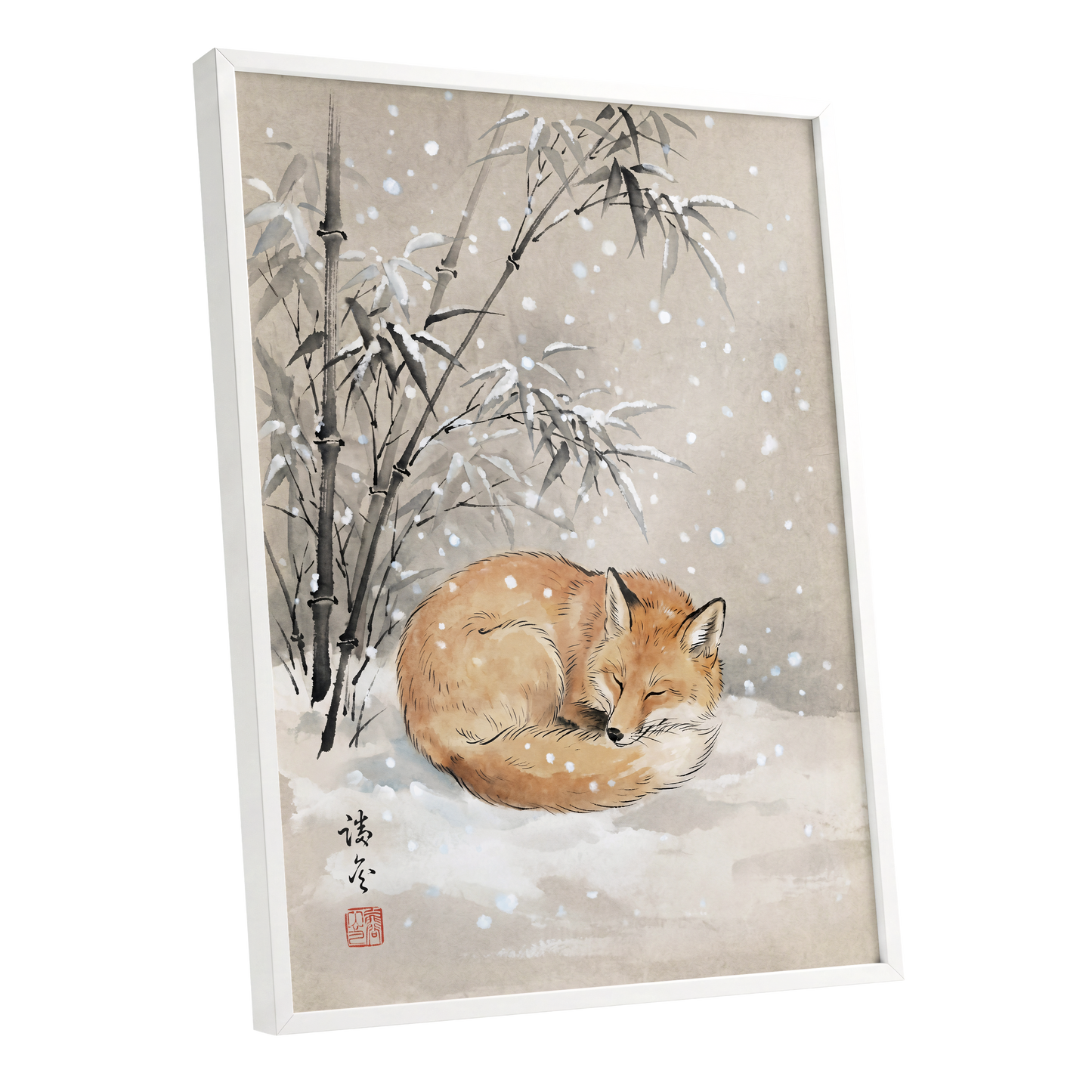 Fox in Falling Snow, beige, white, gray nature wall art shown as a white framed poster wall art print