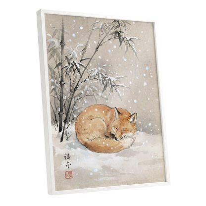 Fox in Falling Snow, beige, white, gray nature wall art shown as a white framed poster wall art print
