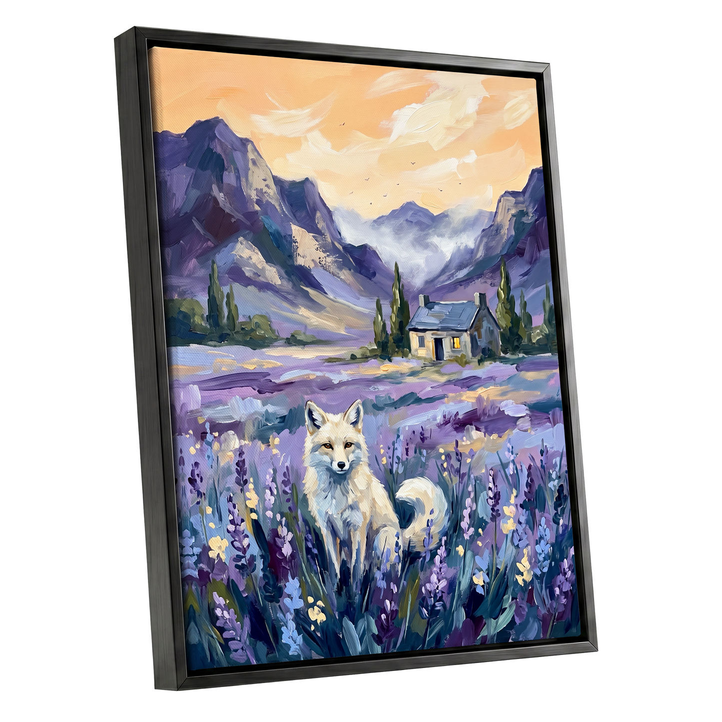 Fox in Lavender Valley, purple, blue, white nature wall art shown as a black framed canvas wall art