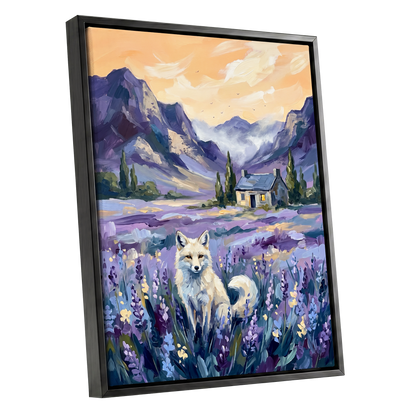 Fox in Lavender Valley, purple, blue, white nature wall art shown as a black framed canvas wall art