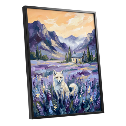 Fox in Lavender Valley, purple, blue, white nature wall art shown as a black framed poster wall art print