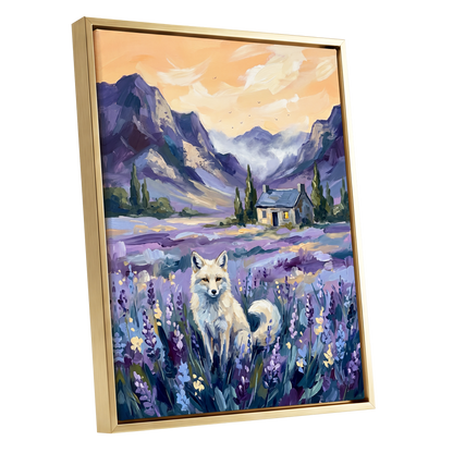 Fox in Lavender Valley, purple, blue, white nature wall art shown as a gold framed canvas wall art