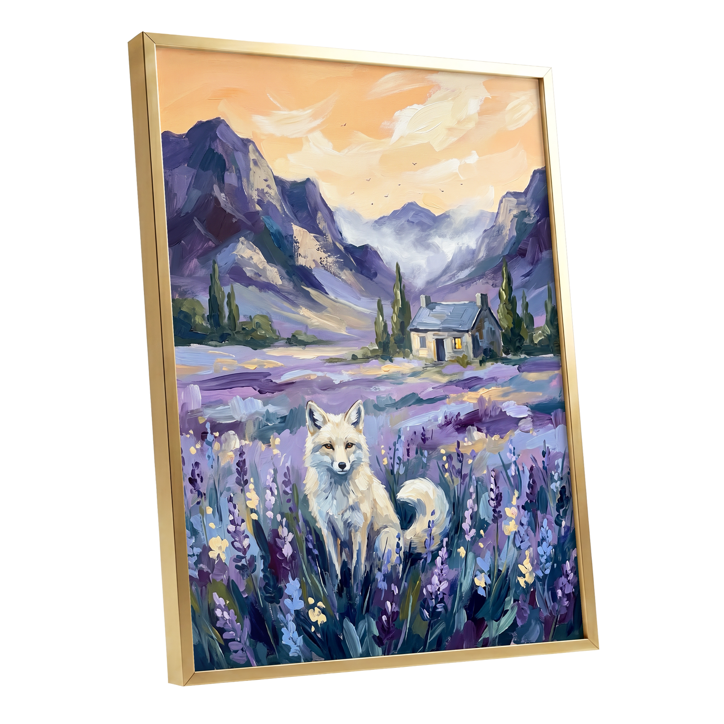 Fox in Lavender Valley, purple, blue, white nature wall art shown as a gold framed poster wall art print
