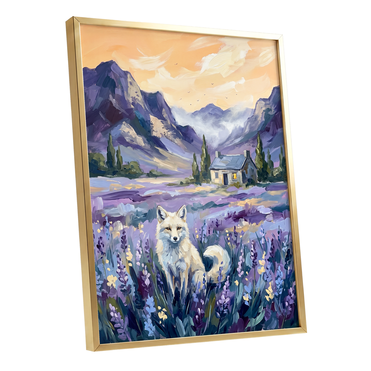 Fox in Lavender Valley, purple, blue, white nature wall art shown as a gold framed poster wall art print