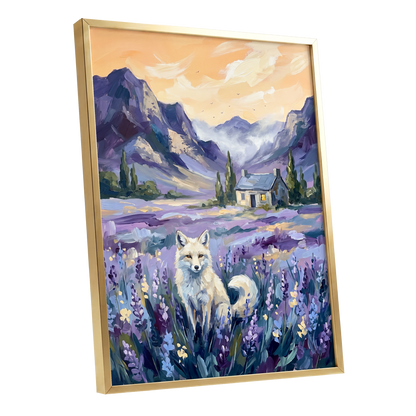 Fox in Lavender Valley, purple, blue, white nature wall art shown as a gold framed poster wall art print