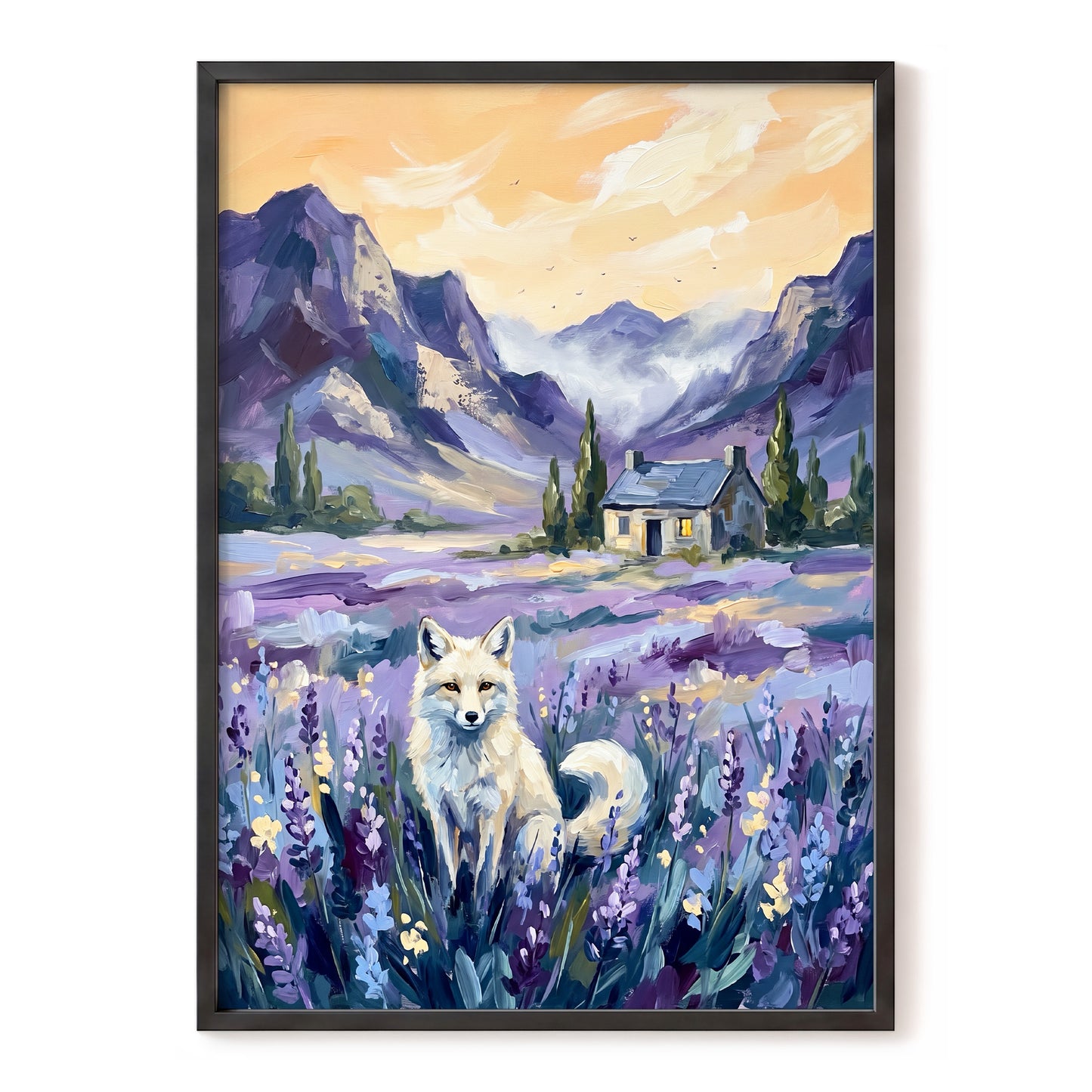 Fox in Lavender Valley, purple, blue, white nature wall art, front artwork view
