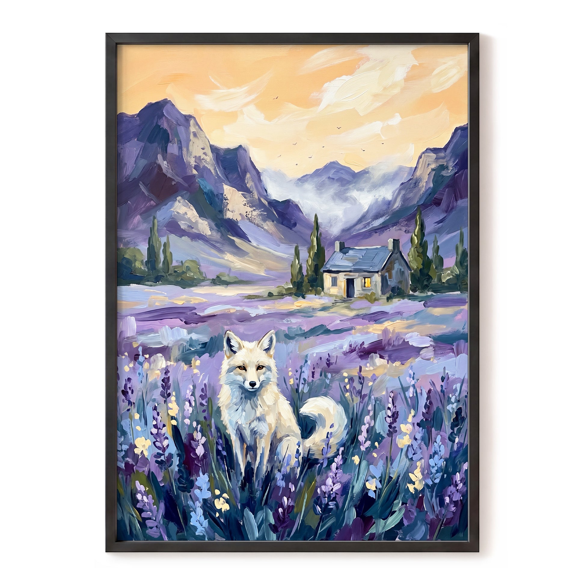 Fox in Lavender Valley, purple, blue, white nature wall art, front artwork view