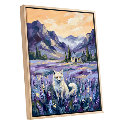 Fox in Lavender Valley, purple, blue, white nature wall art shown as a oak framed canvas wall art