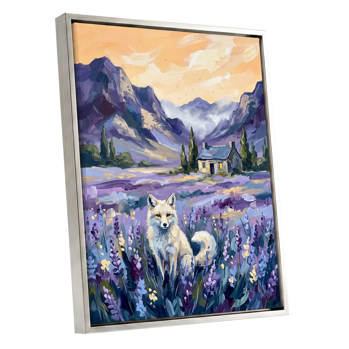 Fox in Lavender Valley, purple, blue, white nature wall art shown as a silver framed canvas wall art