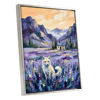 Fox in Lavender Valley, purple, blue, white nature wall art shown as a silver framed canvas wall art