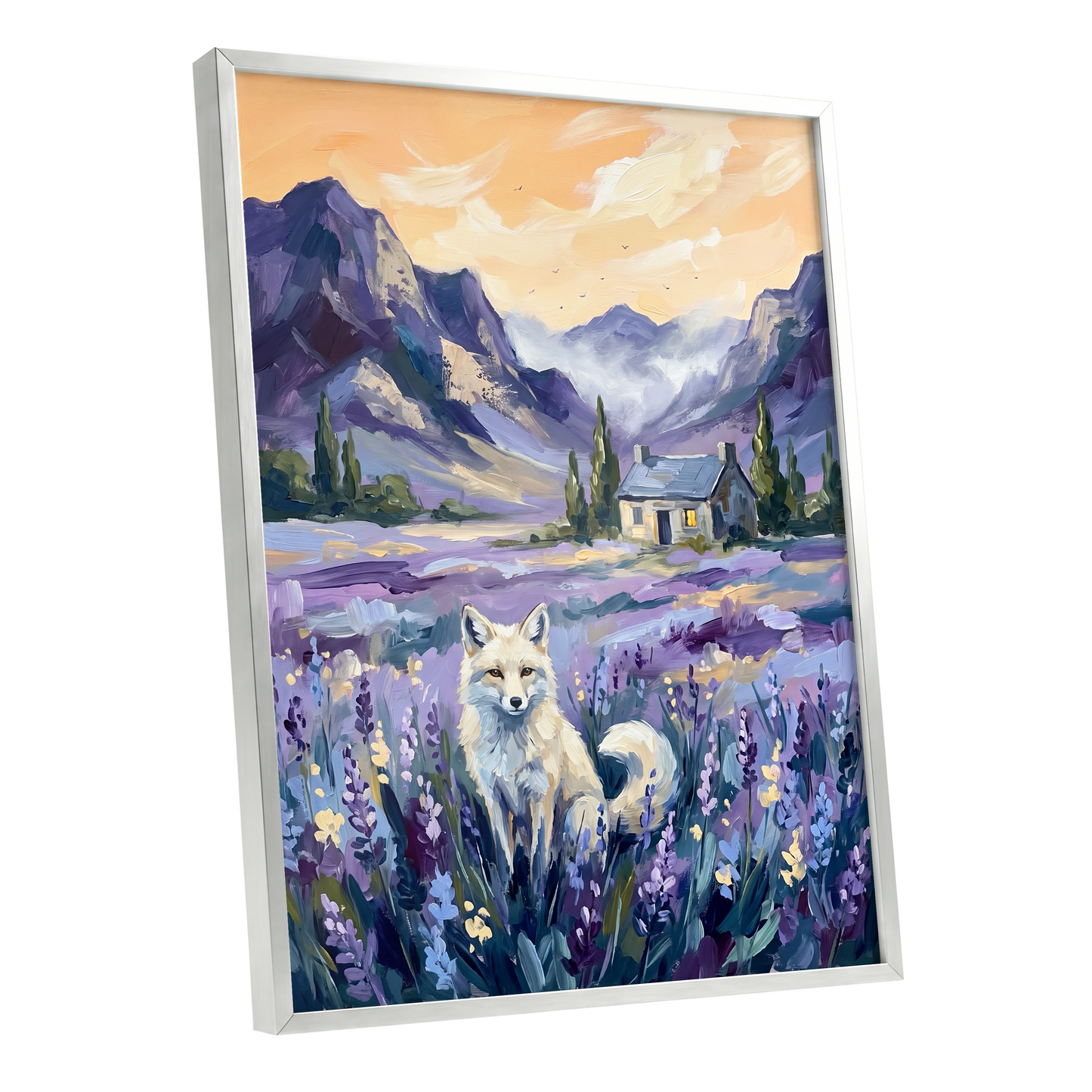 Fox in Lavender Valley, purple, blue, white nature wall art shown as a silver framed poster wall art print
