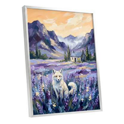 Fox in Lavender Valley, purple, blue, white nature wall art shown as a silver framed poster wall art print