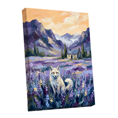 Fox in Lavender Valley, purple, blue, white nature wall art shown as a stretched canvas wall art