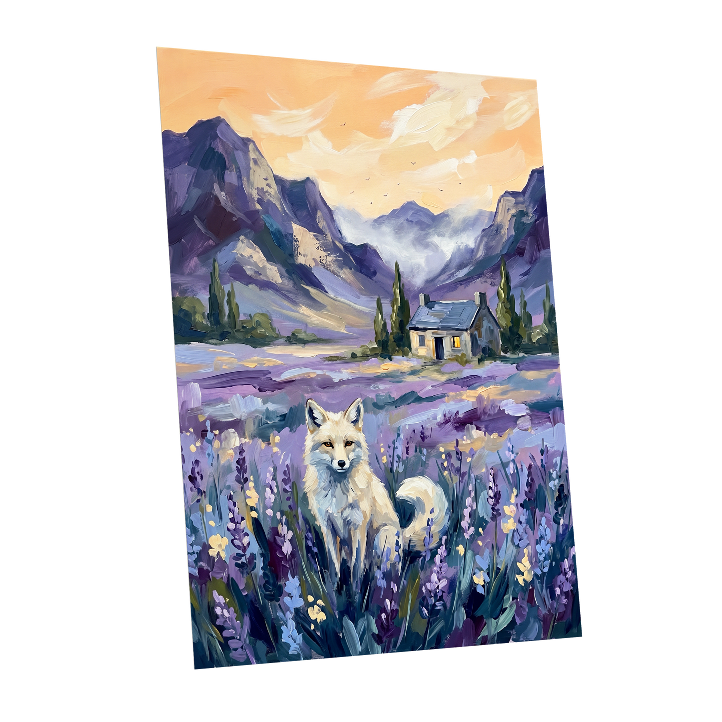 Fox in Lavender Valley, purple, blue, white nature wall art shown as a unframed poster wall art print