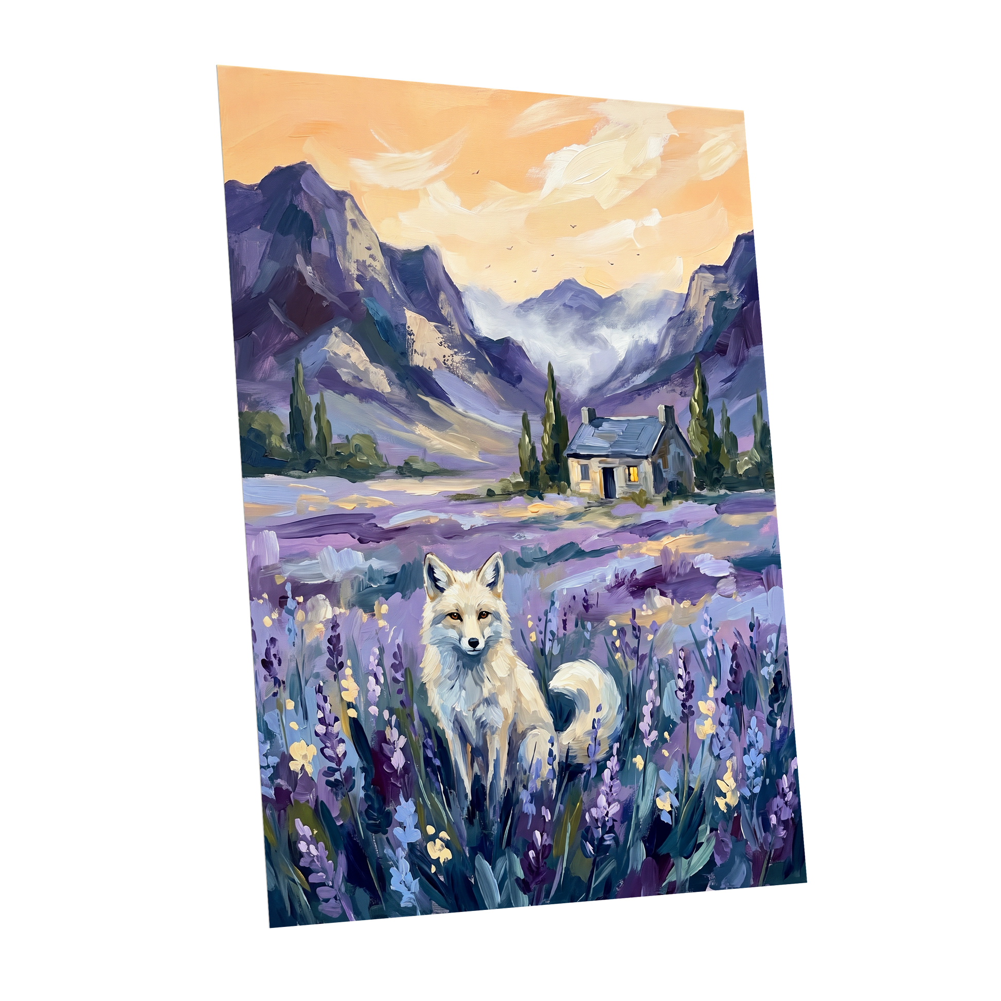 Fox in Lavender Valley, purple, blue, white nature wall art shown as a unframed poster wall art print