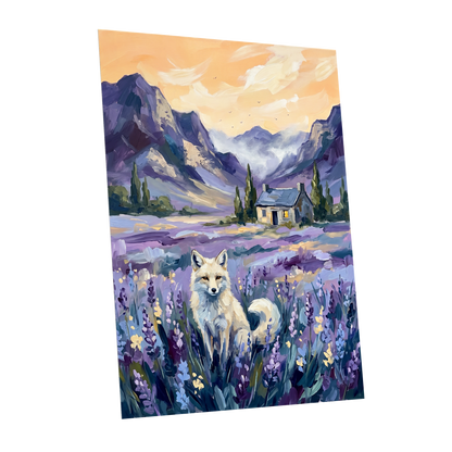 Fox in Lavender Valley, purple, blue, white nature wall art shown as a unframed poster wall art print