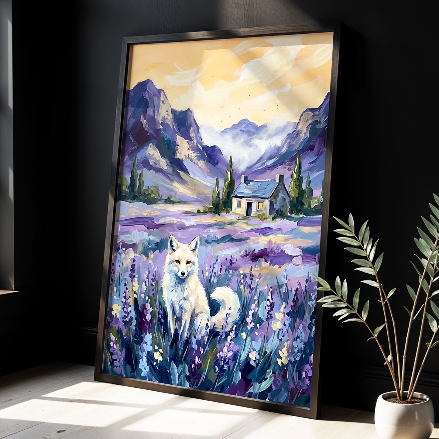 Fox in Lavender Valley, purple, blue, white nature wall art displayed in a styled interior, gallery view 2