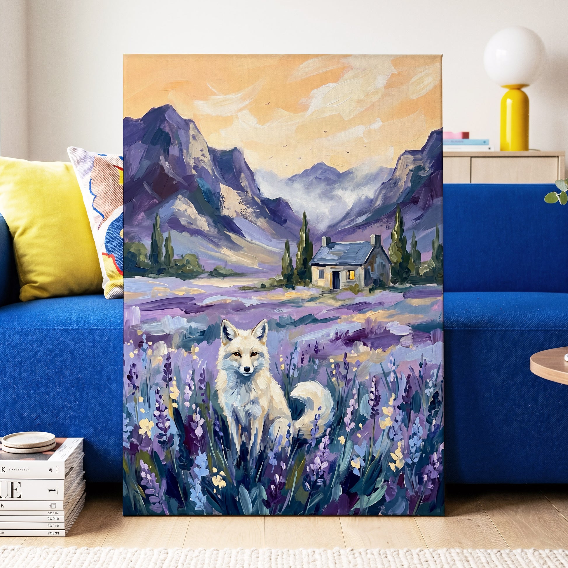 Fox in Lavender Valley, purple, blue, white nature wall art displayed in a styled interior, gallery view 3